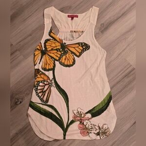 White Butterfly Print Muscle Tee with Yellow & Green Accents